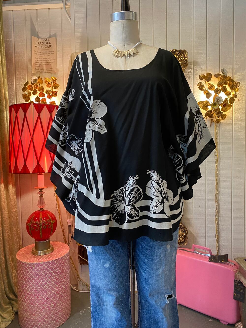 1970s tiki print muu muu blouse, black white hibiscus, angel sleeves, poncho, m